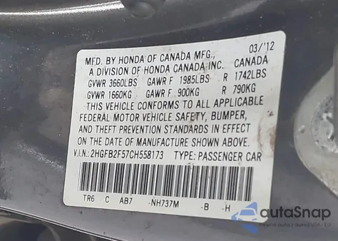2012 Honda Civic Lx from USA, damaged, VIN 2HGFB2F57CH558173